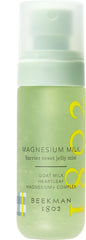 Beekman 1802 Magnesium Milk Barrier Reset Jelly Mist bottle highlights fragrance-free formula for sensitive skin.