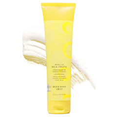 Beekman 1802 micellar milk froth gel bottle shows makeup removal and cleansing in one step