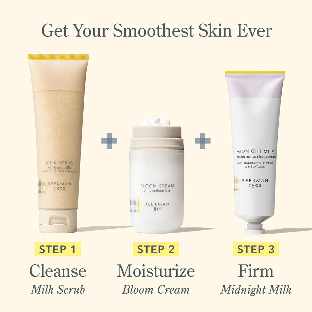 Beekman 1802 Midnight Milk night-application closeup demonstrates overnight hydration