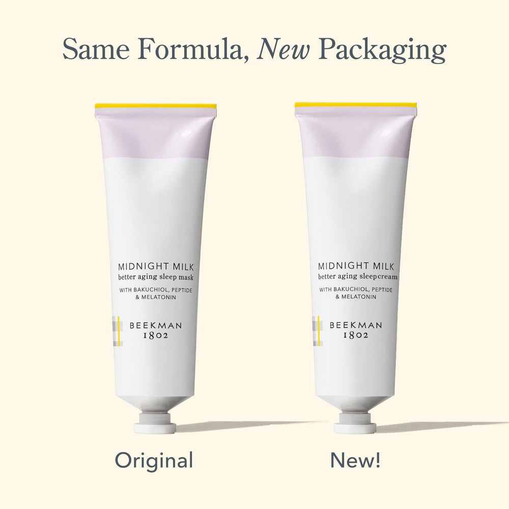 Beekman 1802 Midnight Milk packaging display ready for bedside skincare routine