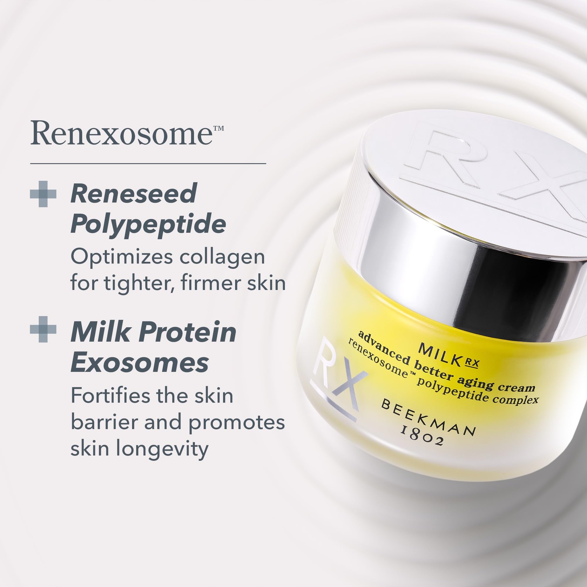 Beekman 1802 Milk RX Advanced Cream on clean skin showing subtle radiance