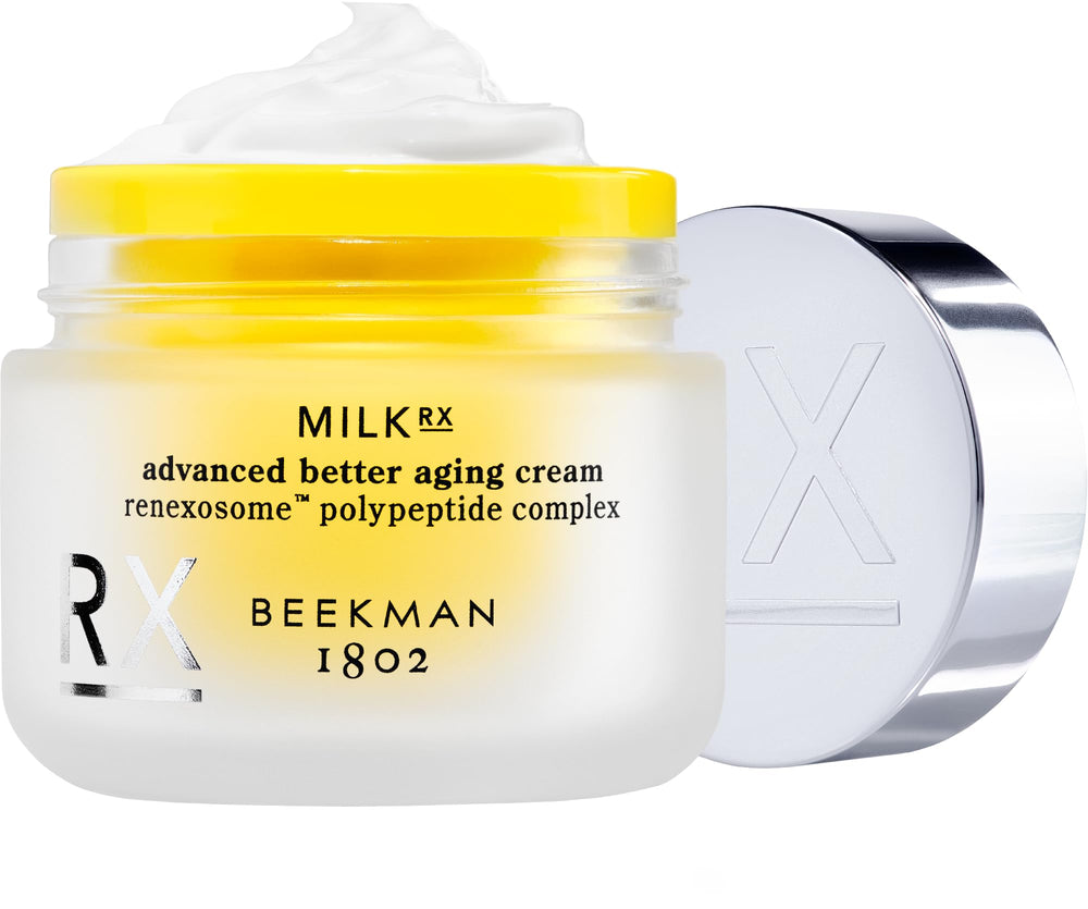 Beekman 1802 Milk RX Advanced Cream jar close-up for rich hydration and smooth skin