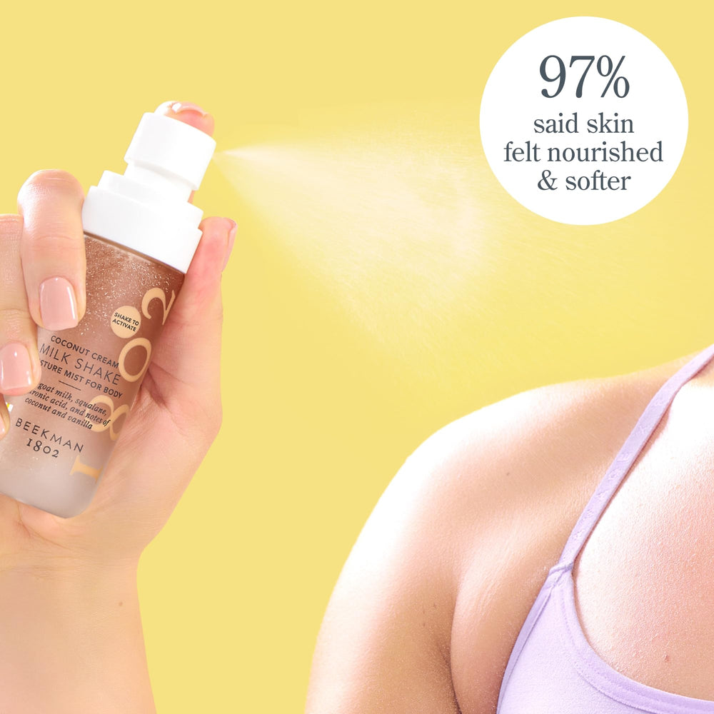 Beekman 1802 Milk Shake Body Mist label highlights clean, toxin-free formula