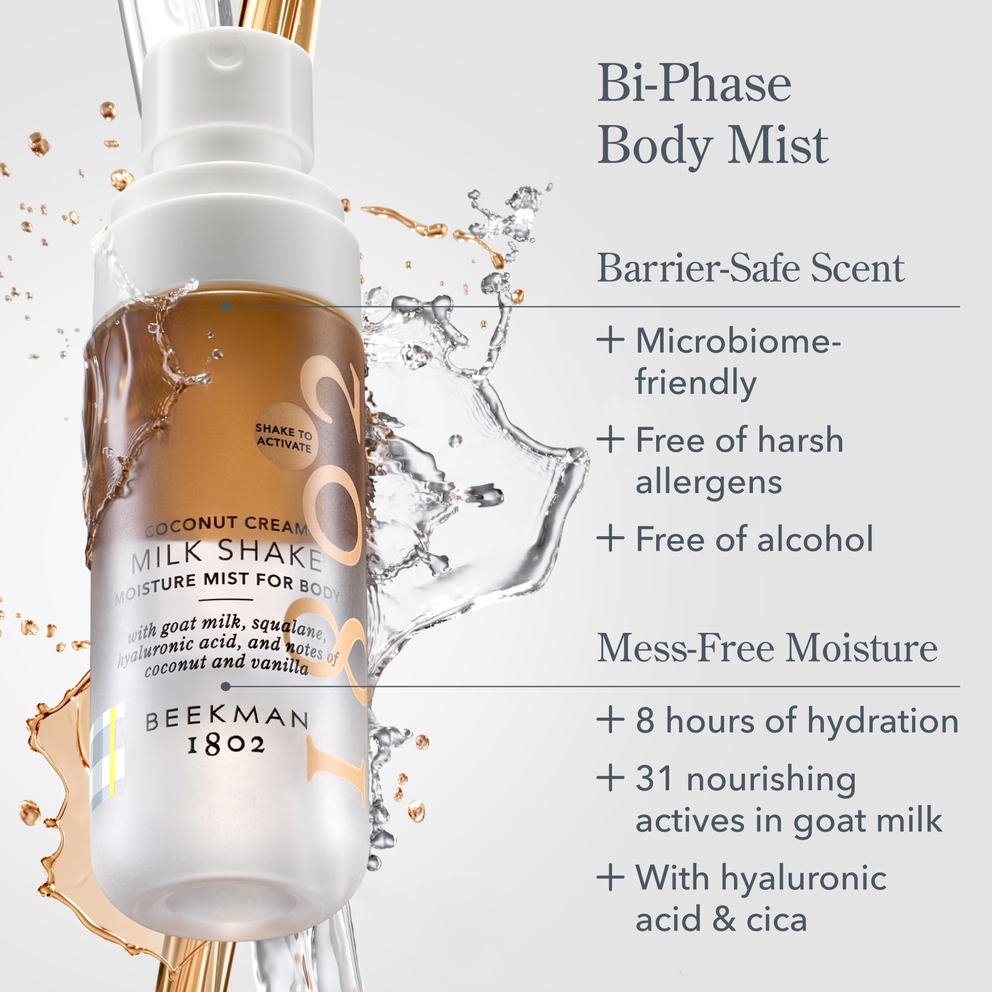 Beekman 1802 Milk Shake Body Mist coconut-cream spray in action for daily moisture