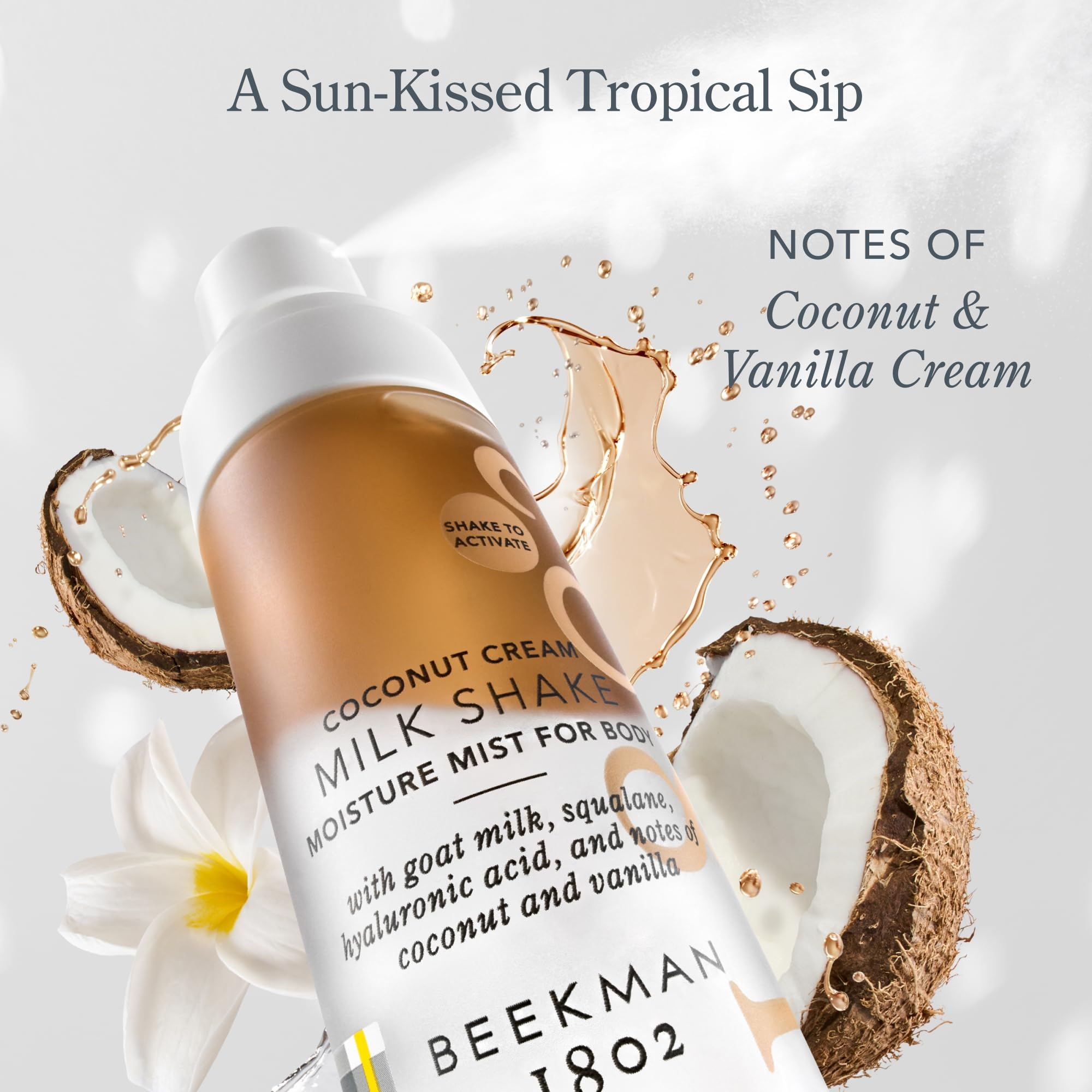Beekman 1802 Milk Shake Body Mist Coconut Cream spray delivers light moisture.