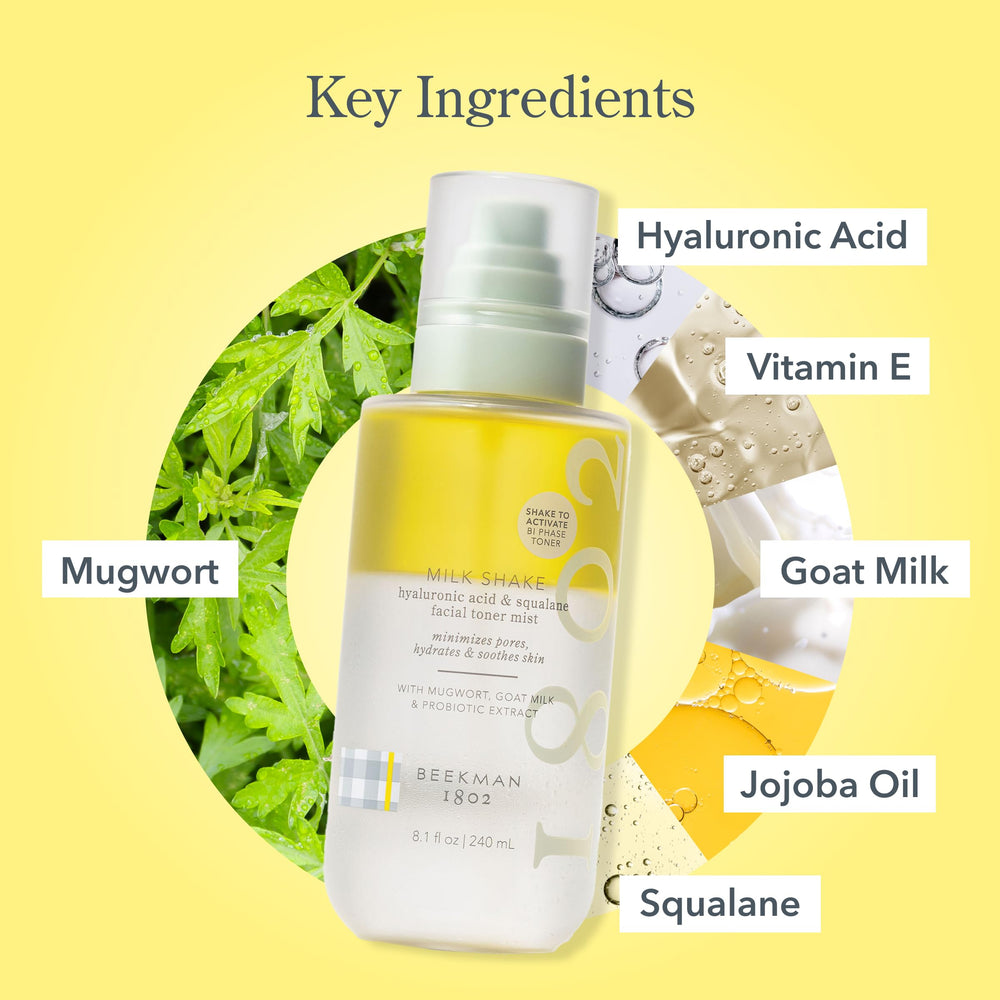 Beekman 1802 Milk Shake Face Mist on clean skin to support moisture barrier