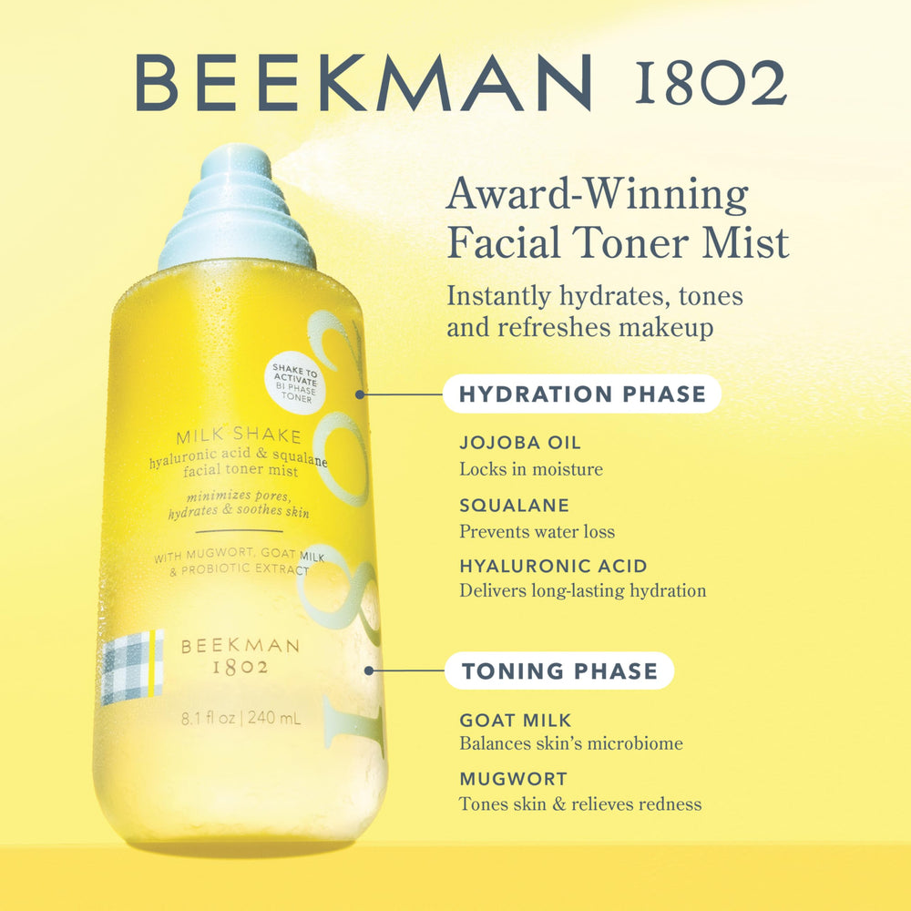 Beekman 1802 Milk Shake Face Mist spray shown during skincare routine