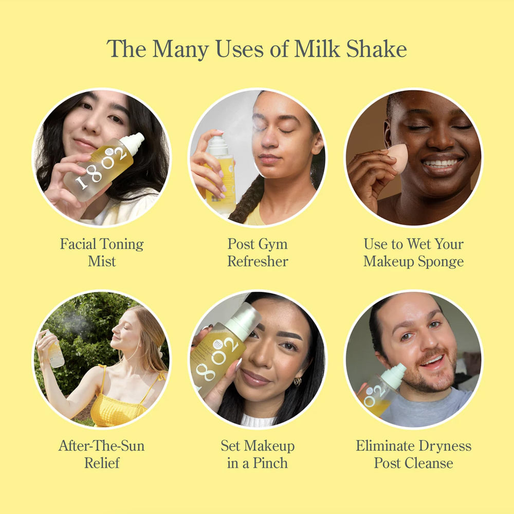 Beekman 1802 Milk Shake ingredients illustration highlighting goat milk and hyaluronic acid