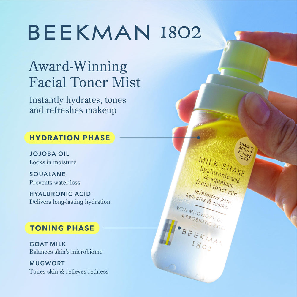 Beekman 1802 Milk Shake mini mist application demonstrates quick absorb hydration