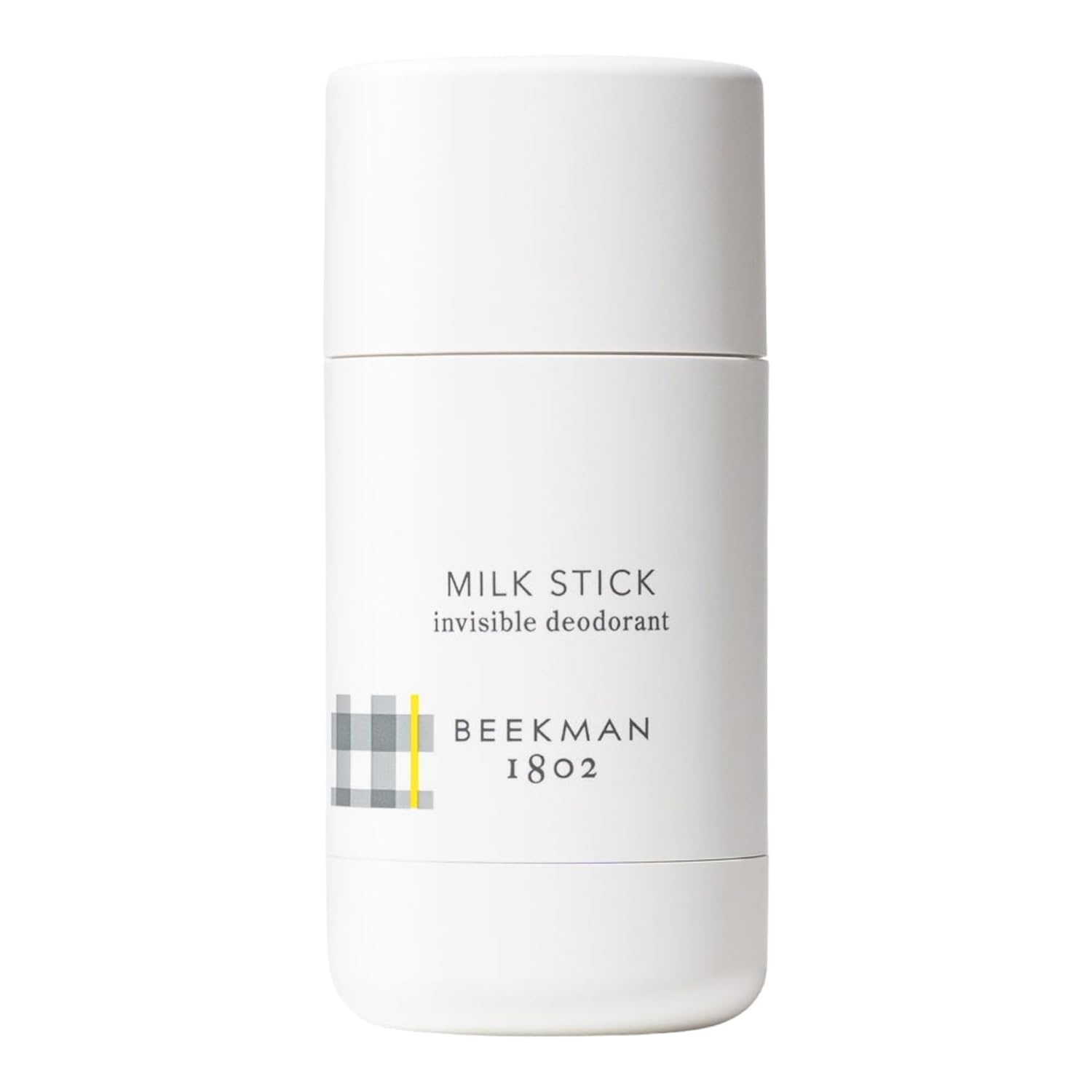 Beekman 1802 Milk Stick packaging presents travel-friendly, invisible deodorant.