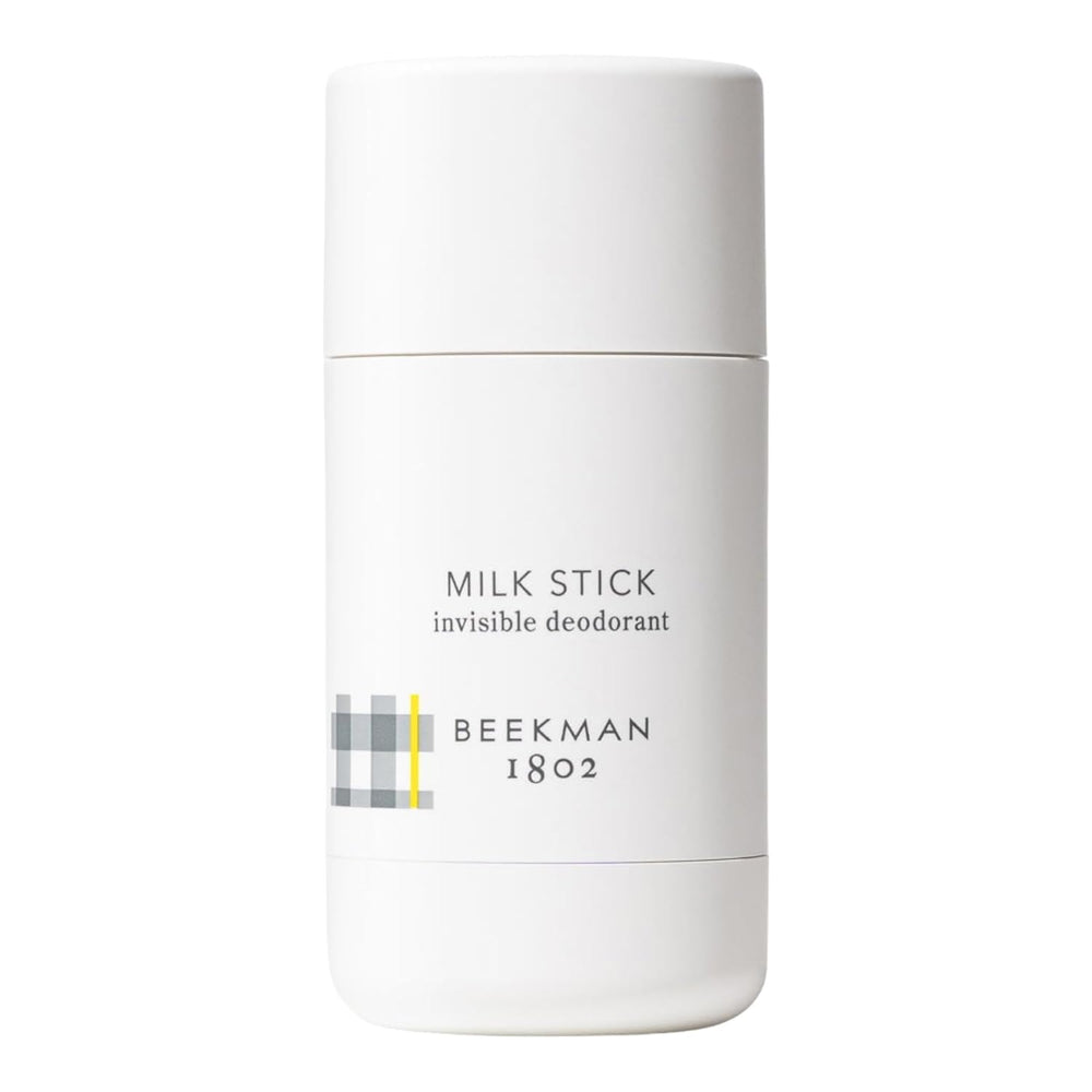 Beekman 1802 Milk Stick packaging presents travel-friendly, invisible deodorant.