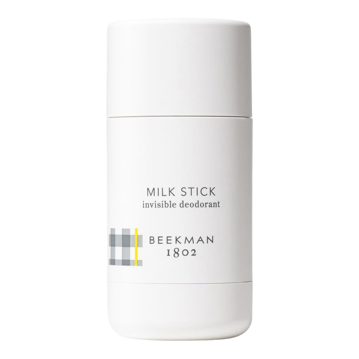 Beekman 1802 Milk Stick packaging presents travel-friendly, invisible deodorant.