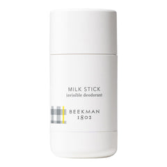 Beekman 1802 Milk Stick packaging presents travel-friendly, invisible deodorant.