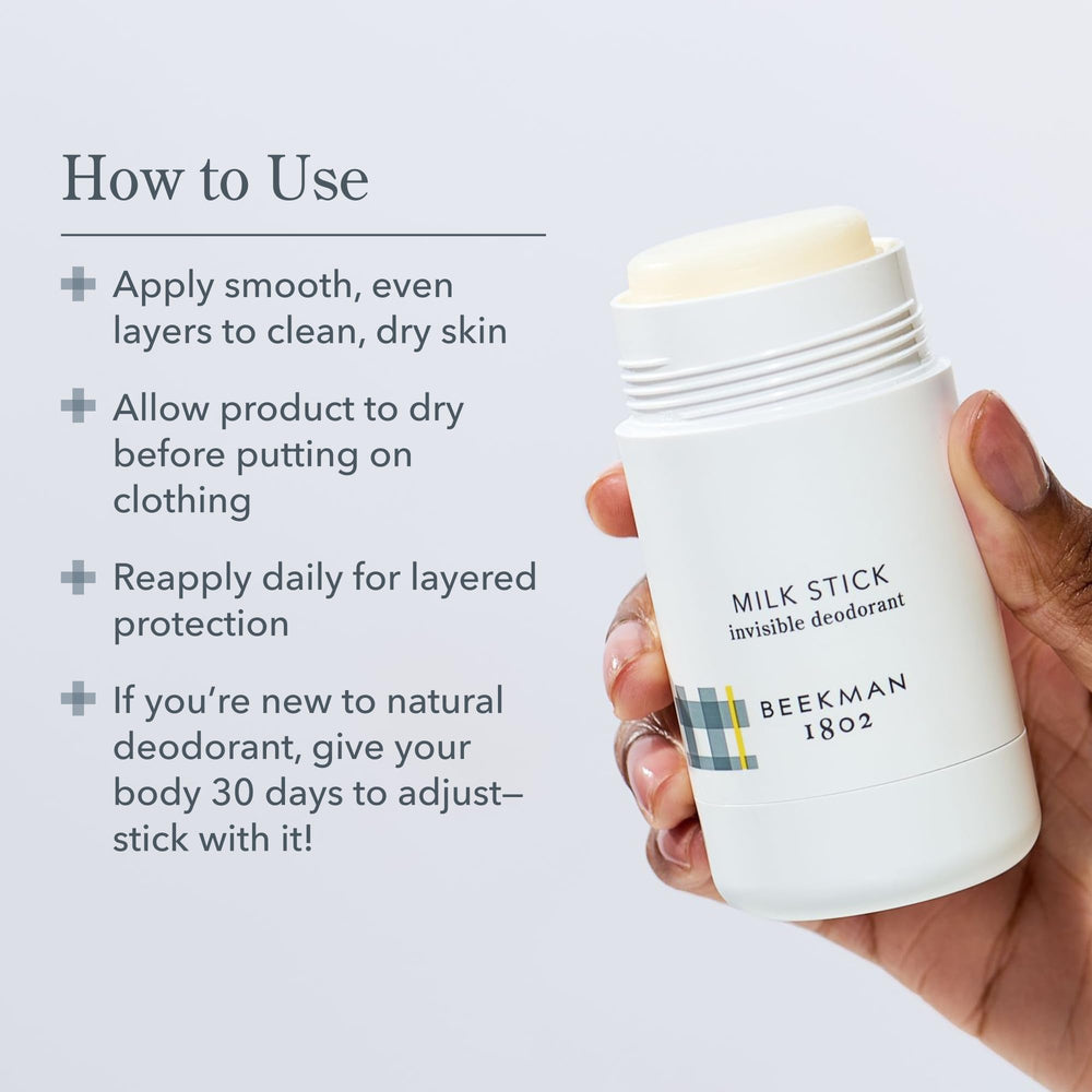 Beekman 1802 Milk Stick skin-friendly formula shown on skin.