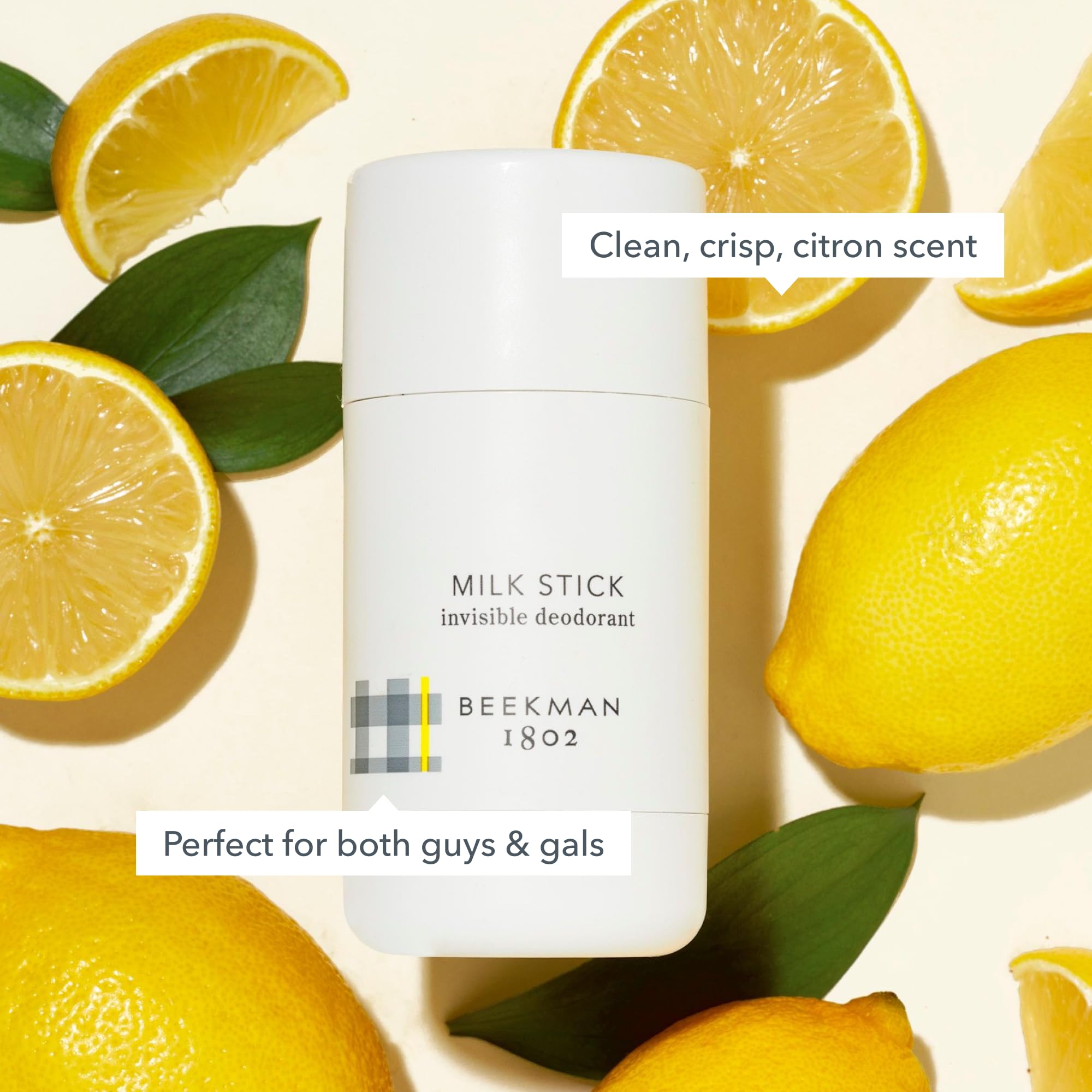 Beekman 1802 Milk Stick texture close-up emphasizes smooth, skin-friendly formula.