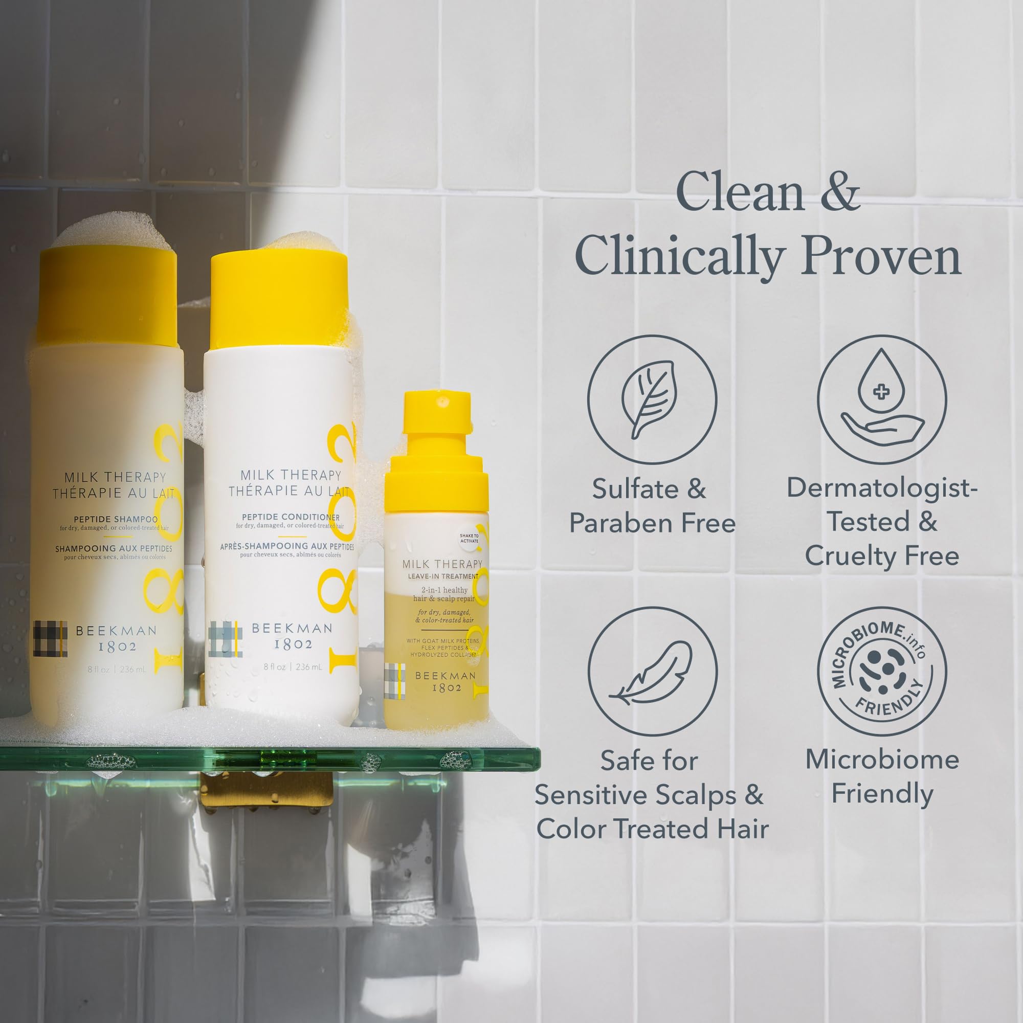Beekman 1802 Milk Therapy Peptide Conditioner on color-treated hair shows enhanced shine.