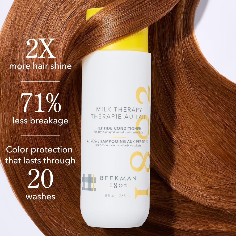 Beekman 1802 Milk Therapy Peptide Conditioner front label shows a color-safe, gentle formula.