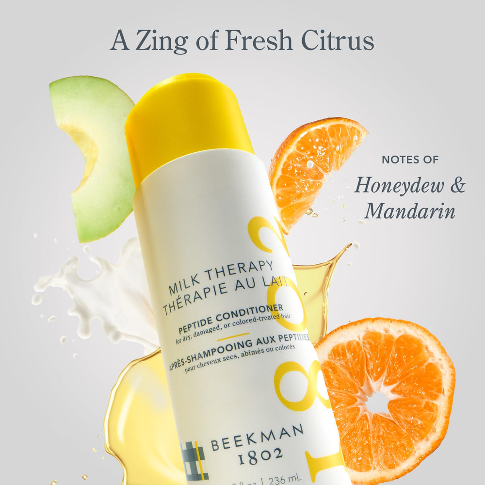 Beekman 1802 Milk Therapy Peptide Conditioner lifestyle shot encouraging daily conditioning routine.