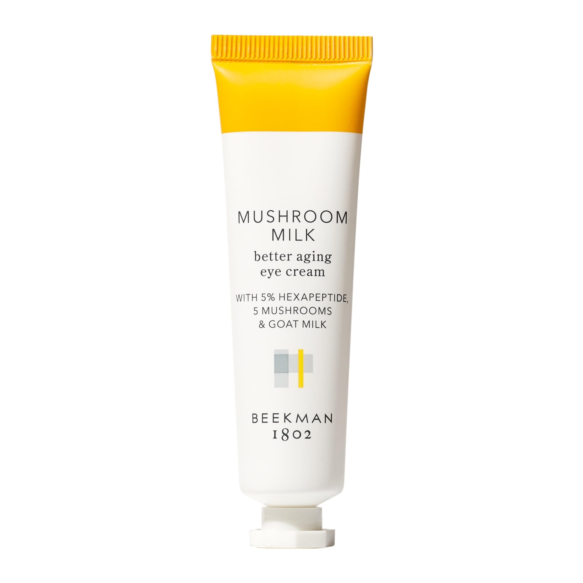 Beekman 1802 Mushroom Goat Milk Eye Cream tube close-up reveals rich hydration for delicate eye skin.