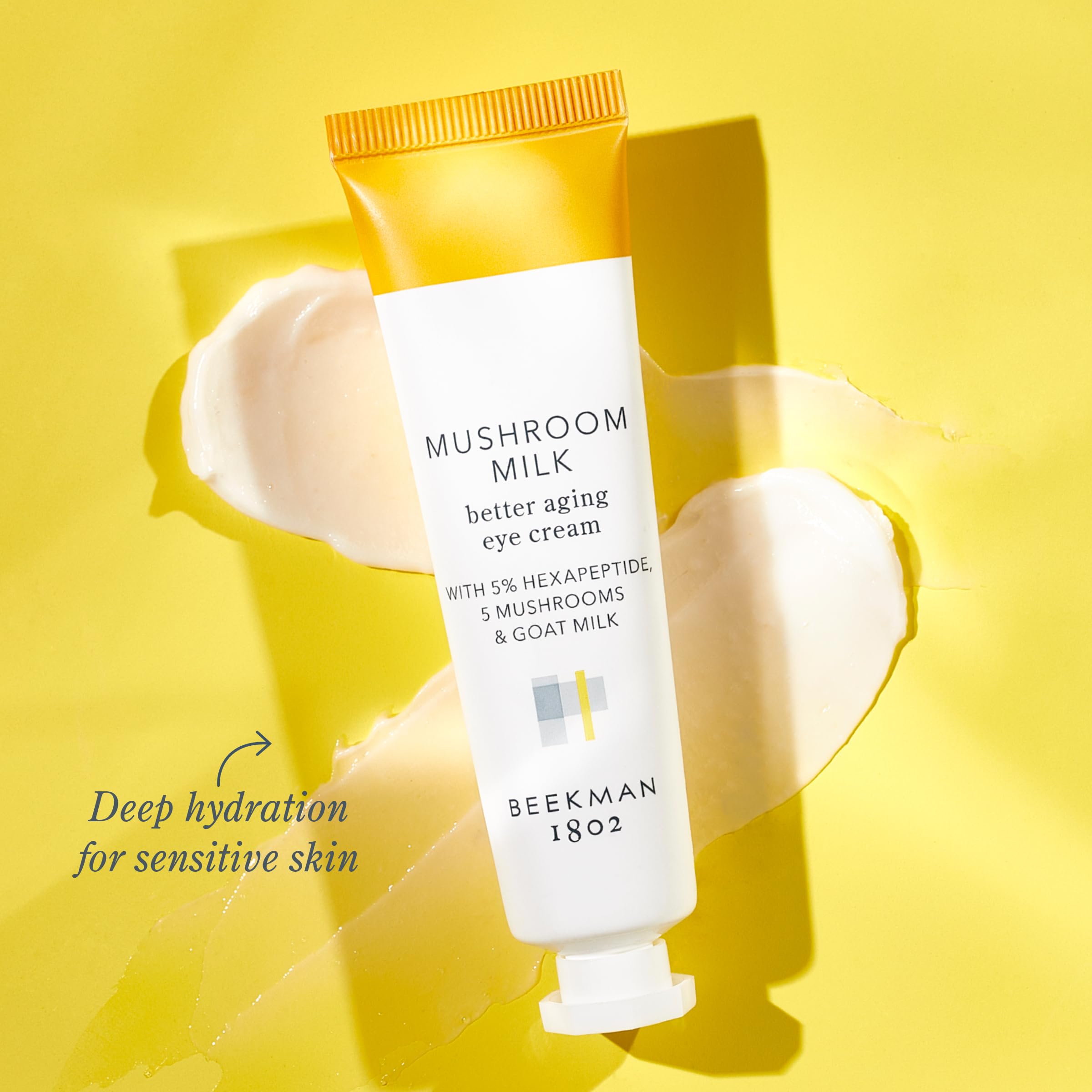 Beekman 1802 Mushroom Goat Milk Eye Cream application under-eye for gentle hydration.