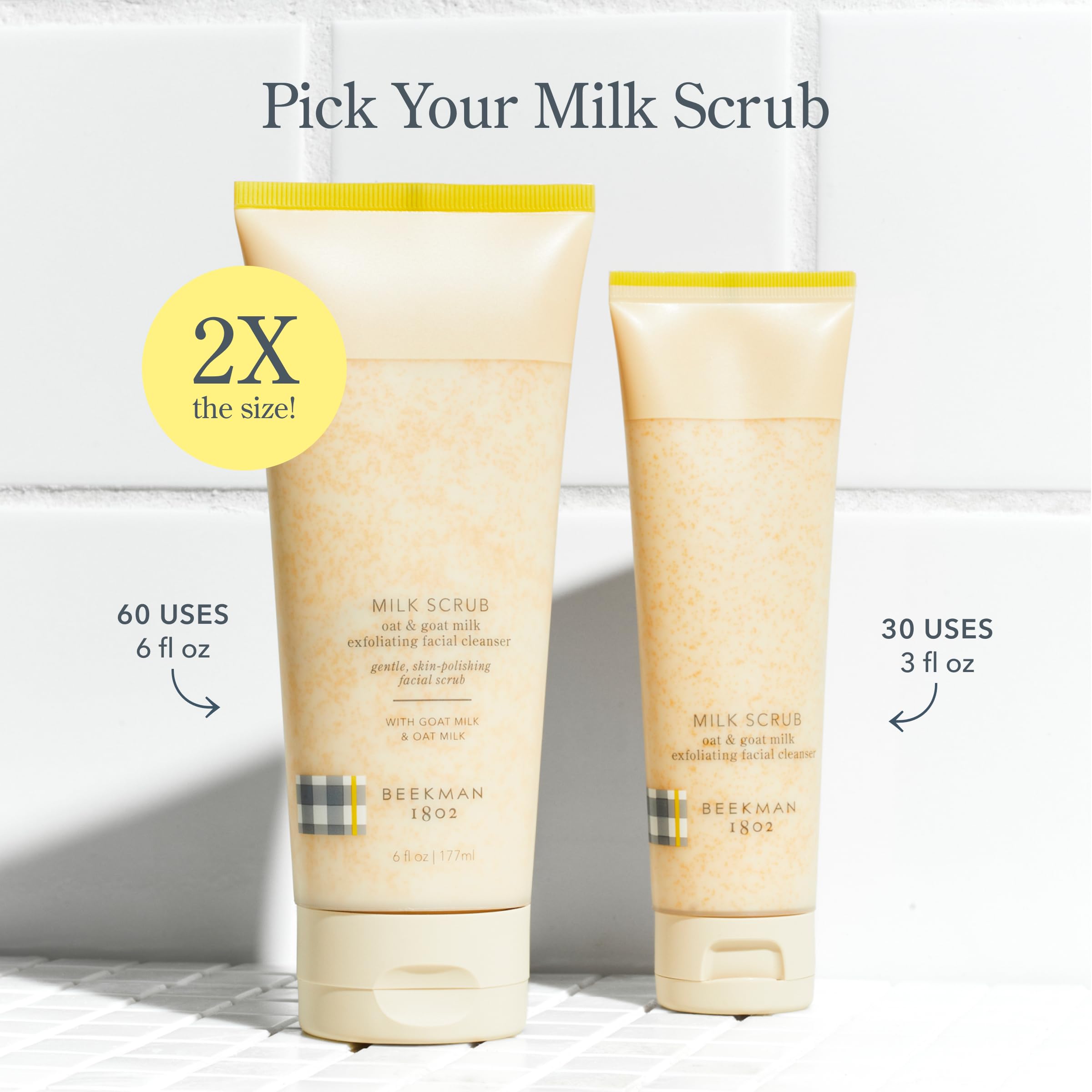 Beekman 1802 oat goat milk scrub on bathroom vanity shows barrier-friendly skincare routine.