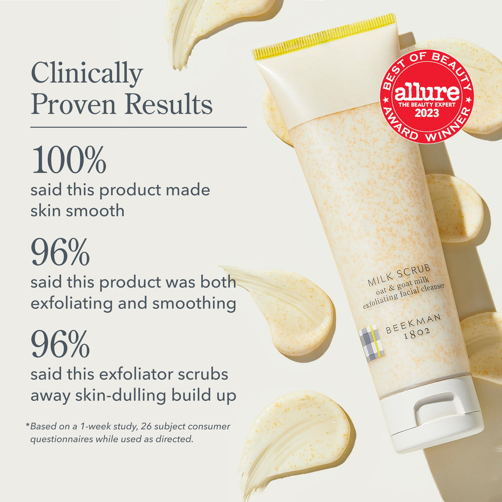 Beekman 1802 oat goat milk exfoliating scrub jar open reveals creamy formula for travel-friendly routines.