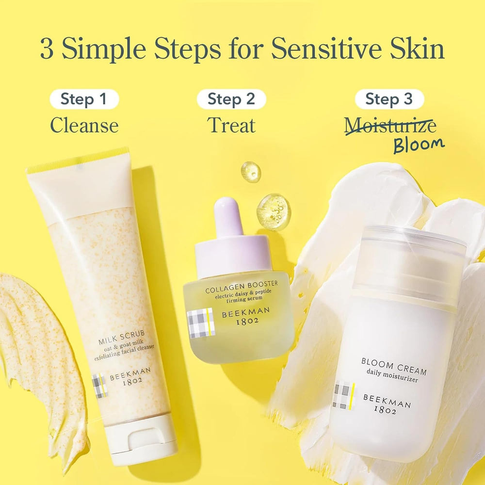 Beekman 1802 packaging on shelf indicates travel-friendly design for on-the-go skincare.