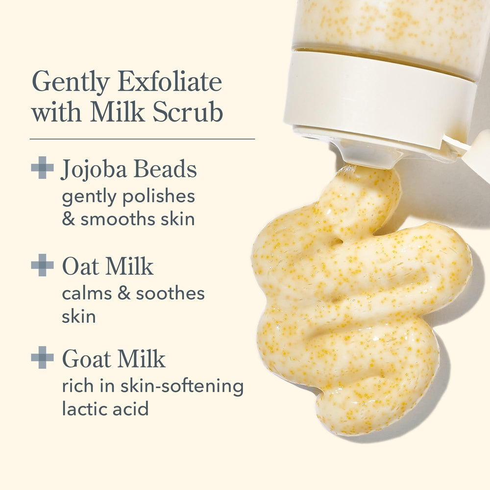 Beekman 1802 Oat Goat Milk Scrub jar close-up, clean, skin-friendly formula.