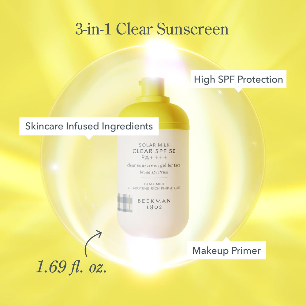 Beekman 1802 Solar Milk SPF 50 applying on skin demonstrates makeup-friendly finish
