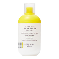 Beekman 1802 Solar Milk SPF 50 pump action bottle shows weightless, non-greasy sunscreen