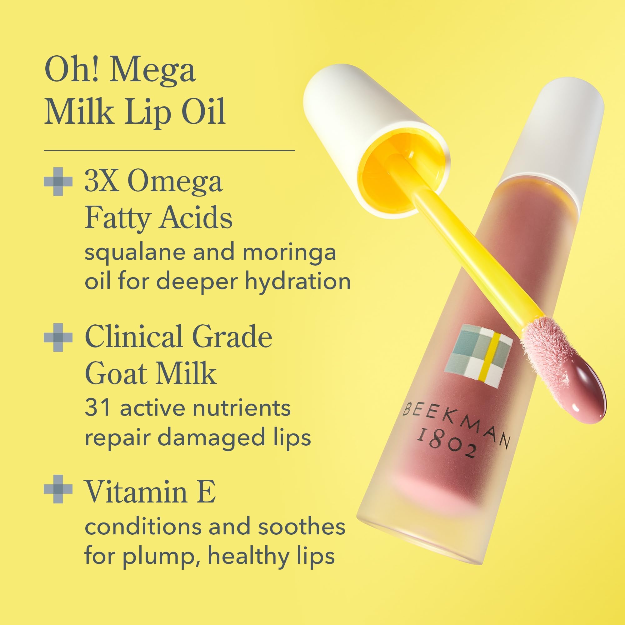 Beekman 1802 Oh Mega Milk Lip Oil closeup on squalane and goat milk ingredients