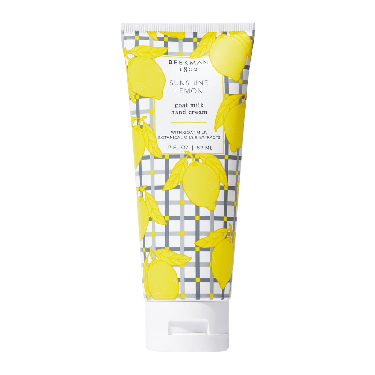 Beekman 1802 Sunshine Lemon Hand Cream bottle front showing non-greasy hydration for dry hands.