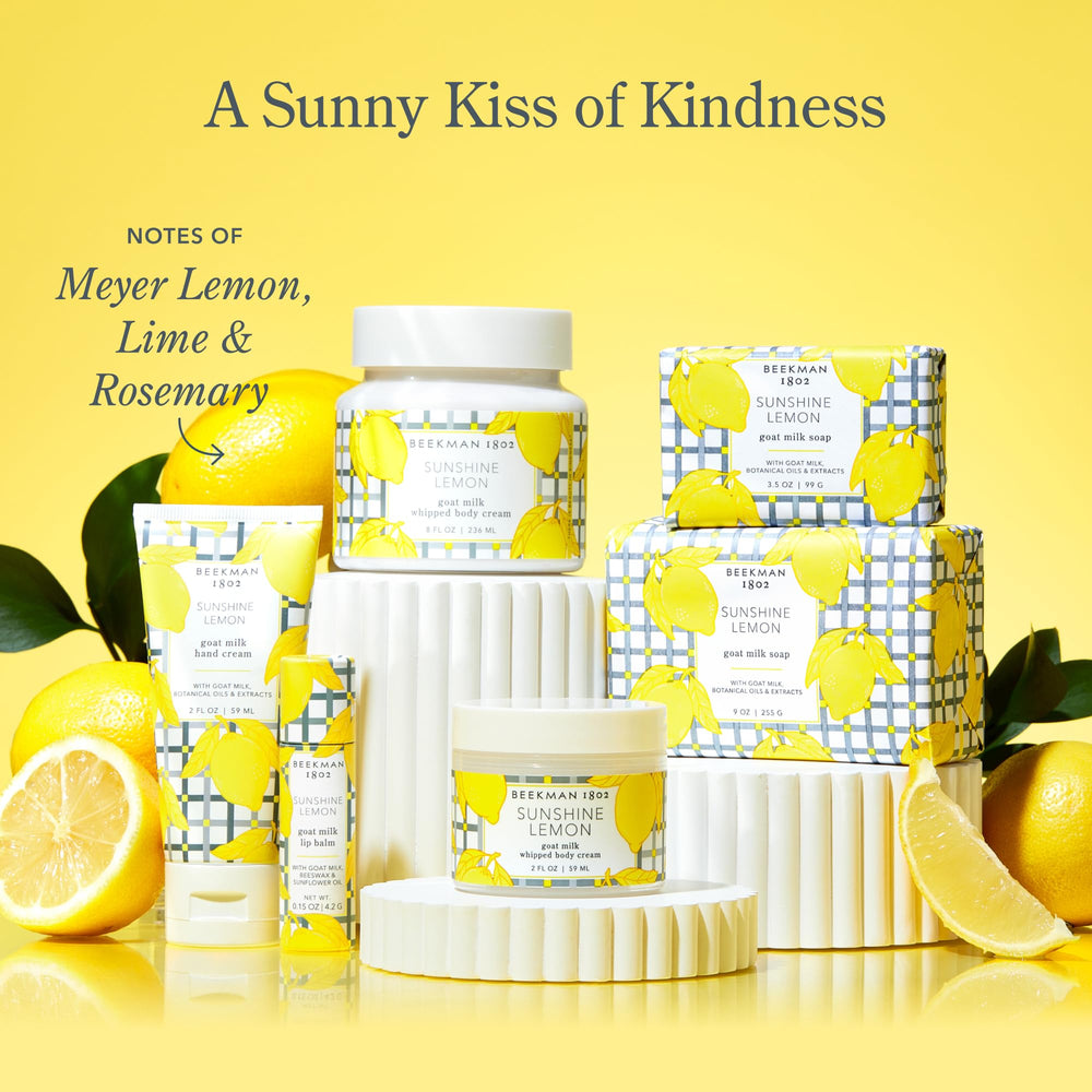 Beekman 1802 Sunshine Lemon Hand Cream box art featuring Clinically Kind messaging.