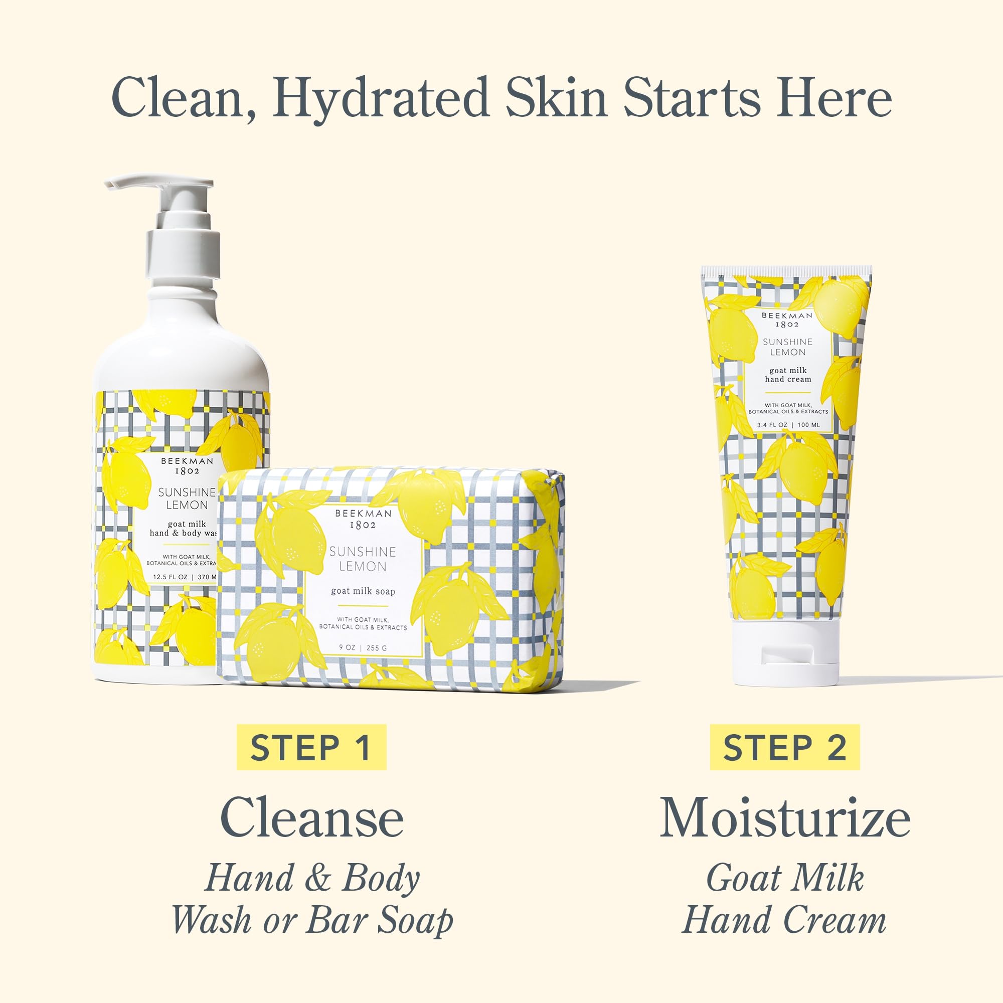 Beekman 1802 Sunshine Lemon Hand Cream hands applying cream in bathroom setting for everyday-use.