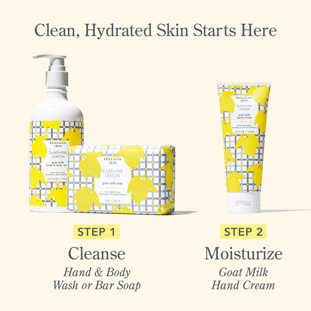 Beekman 1802 Sunshine Lemon Hand Cream multitexture setup suggesting rich hydration.