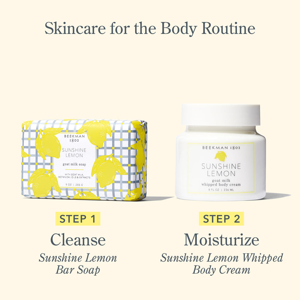 Beekman 1802 Sunshine Lemon soap bar after-shower glow with hydrating feel.