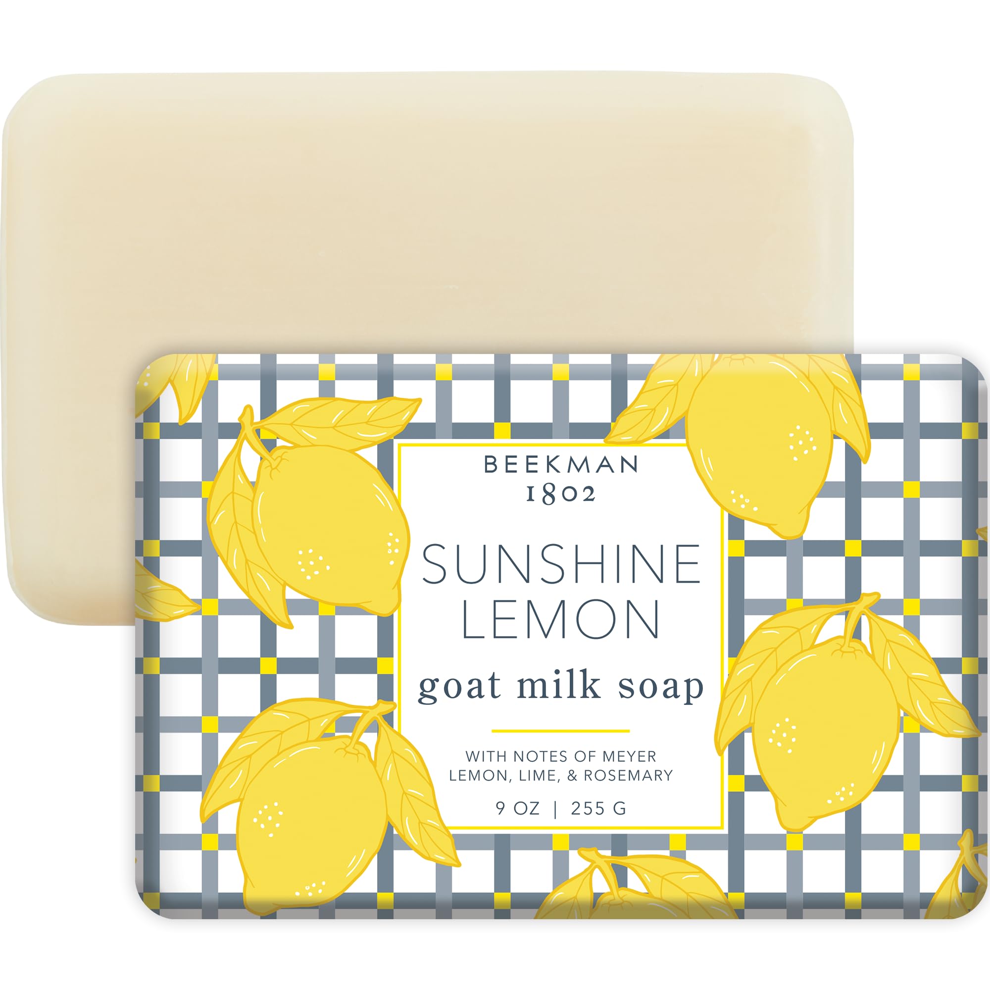 Beekman 1802 Sunshine Lemon soap bar packaging closeup ideal for gifting and sensitive skin.