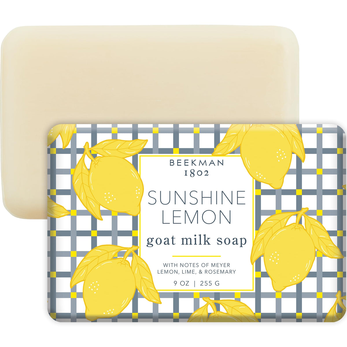 Beekman 1802 Sunshine Lemon soap bar packaging closeup ideal for gifting and sensitive skin.