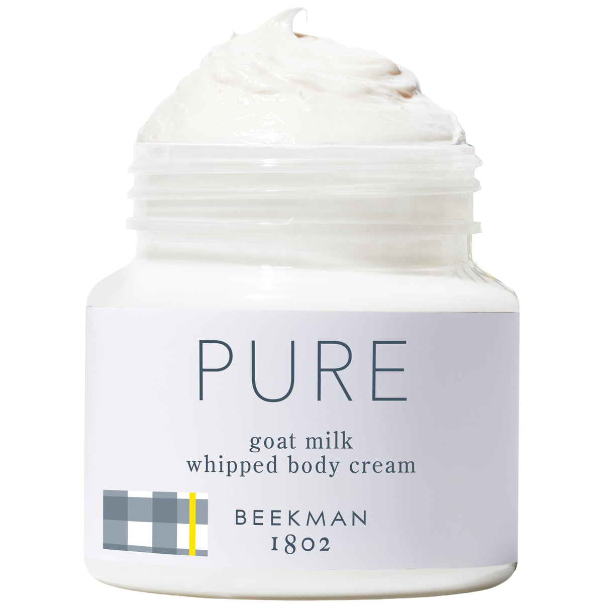 Beekman 1802 whipped body cream jar closeup showing silky texture for long-lasting hydration