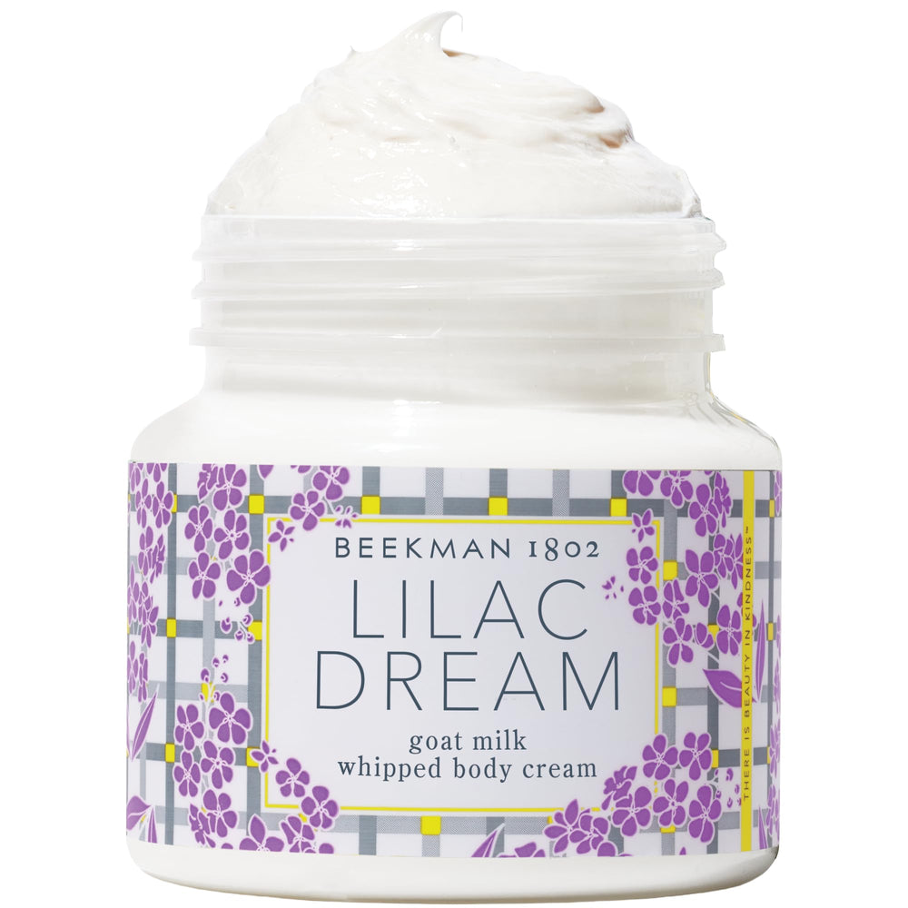 Beekman 1802 whipped body cream jar for instant skin hydration.