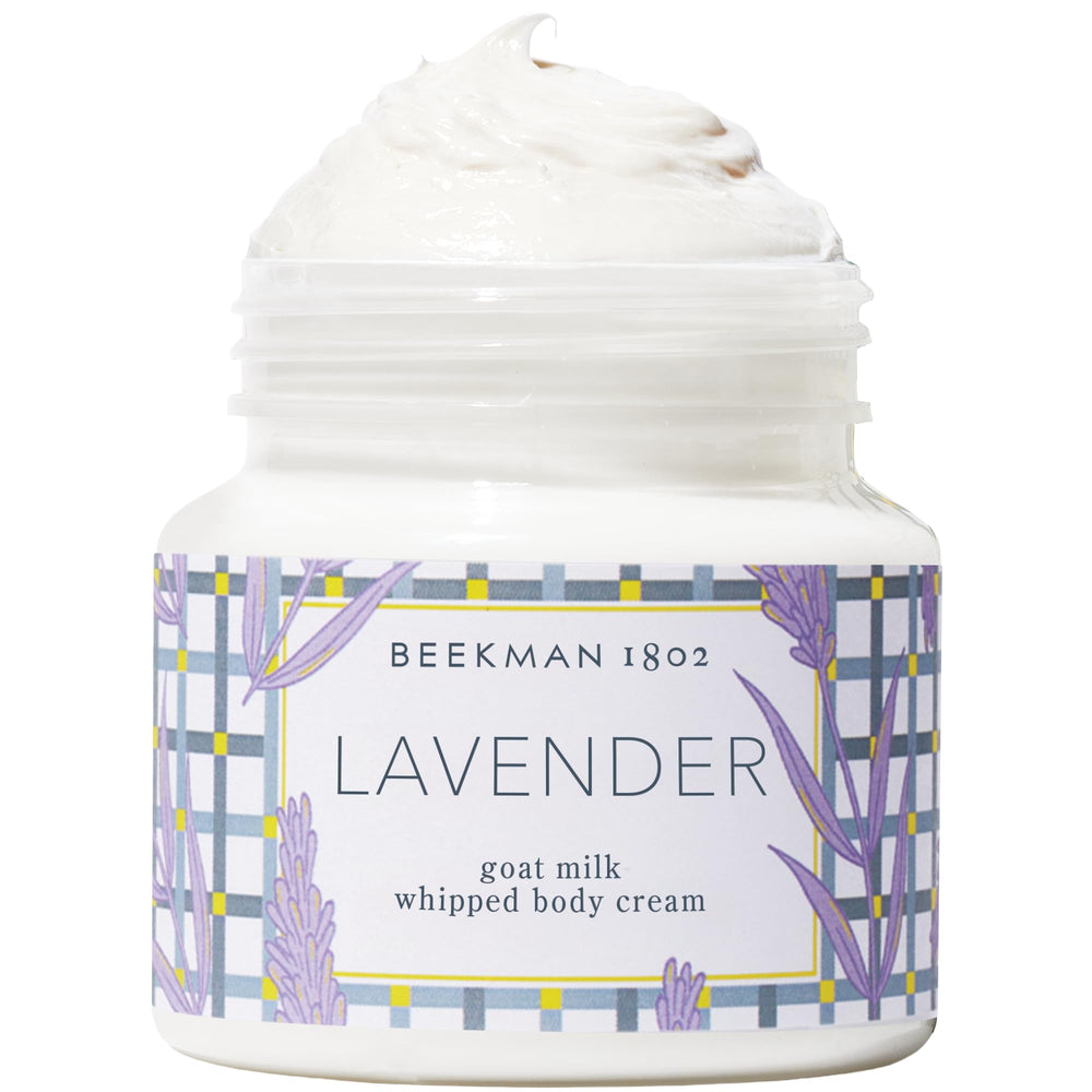 Beekman 1802 Whipped Body Cream jar close-up highlighting creamy hydration