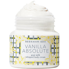 Beekman 1802 Whipped Body Cream packaging showcases premium vanilla absolute formula for everyday moisturizing.