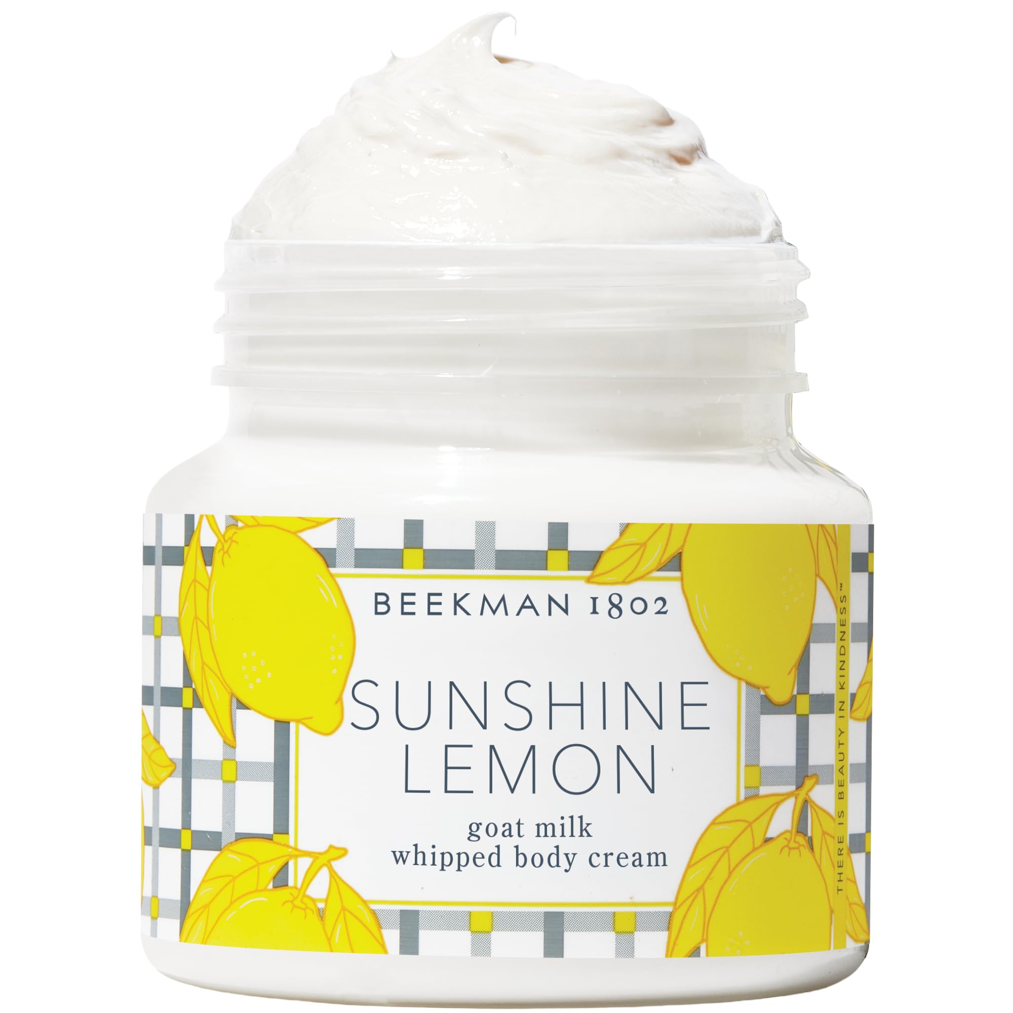 Beekman 1802 whipped body cream jar with sunshine lemon fragrance for deep hydration.