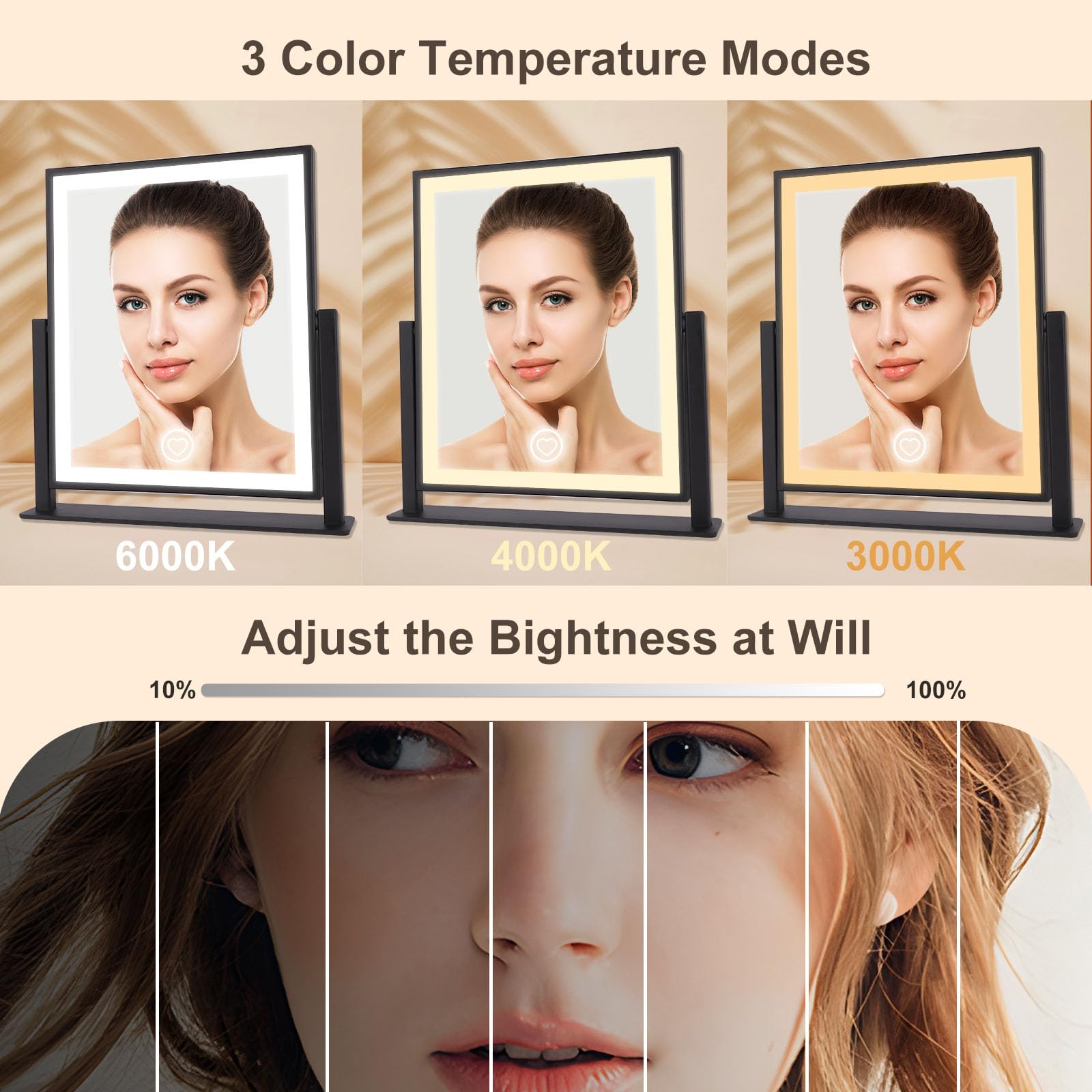 Beelux vanity mirror featuring 360-degree rotation for flexible viewing angles.