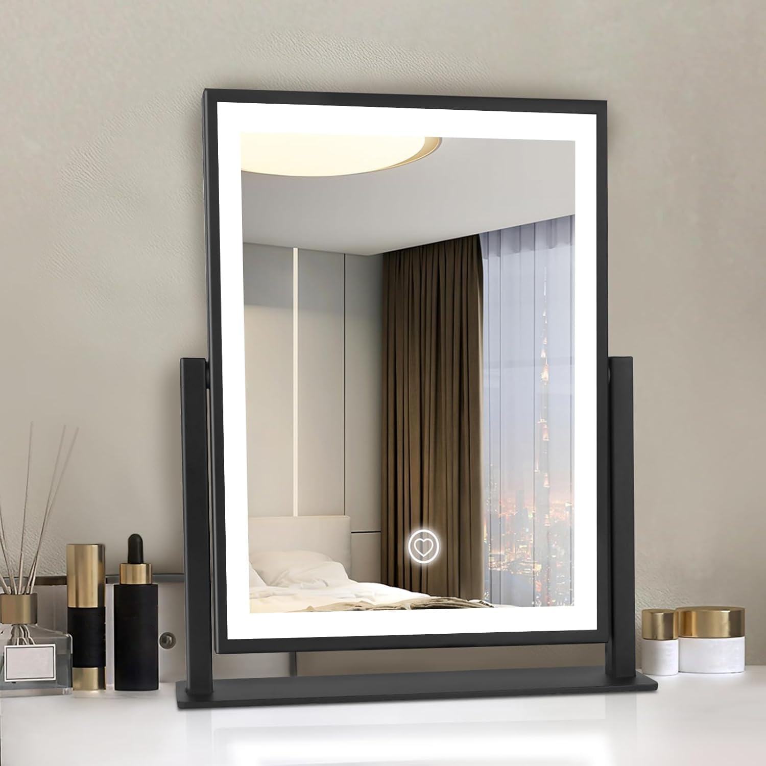 Beelux vanity mirror with lights front view for precise makeup shadows and even lighting.