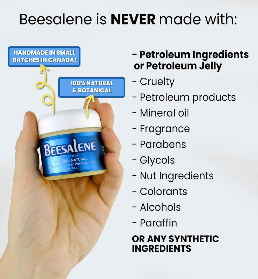 Beesaluxe Beesalene Original ingredients graphic showing rapeseed oil, honey infusion, beeswax.