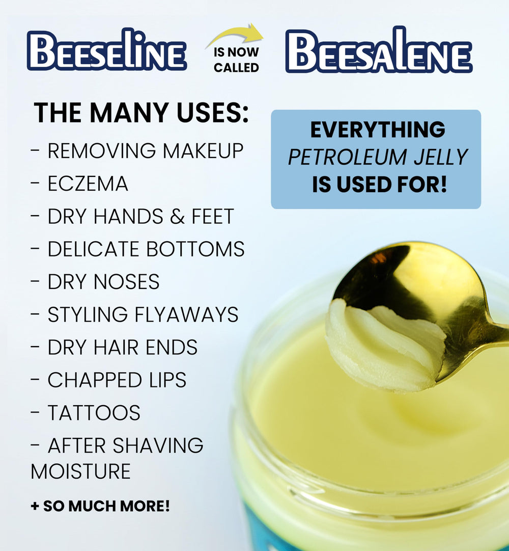 Beesaluxe Beesalene Original ingredients scene emphasizes rapeseed oil and beeswax moisture.