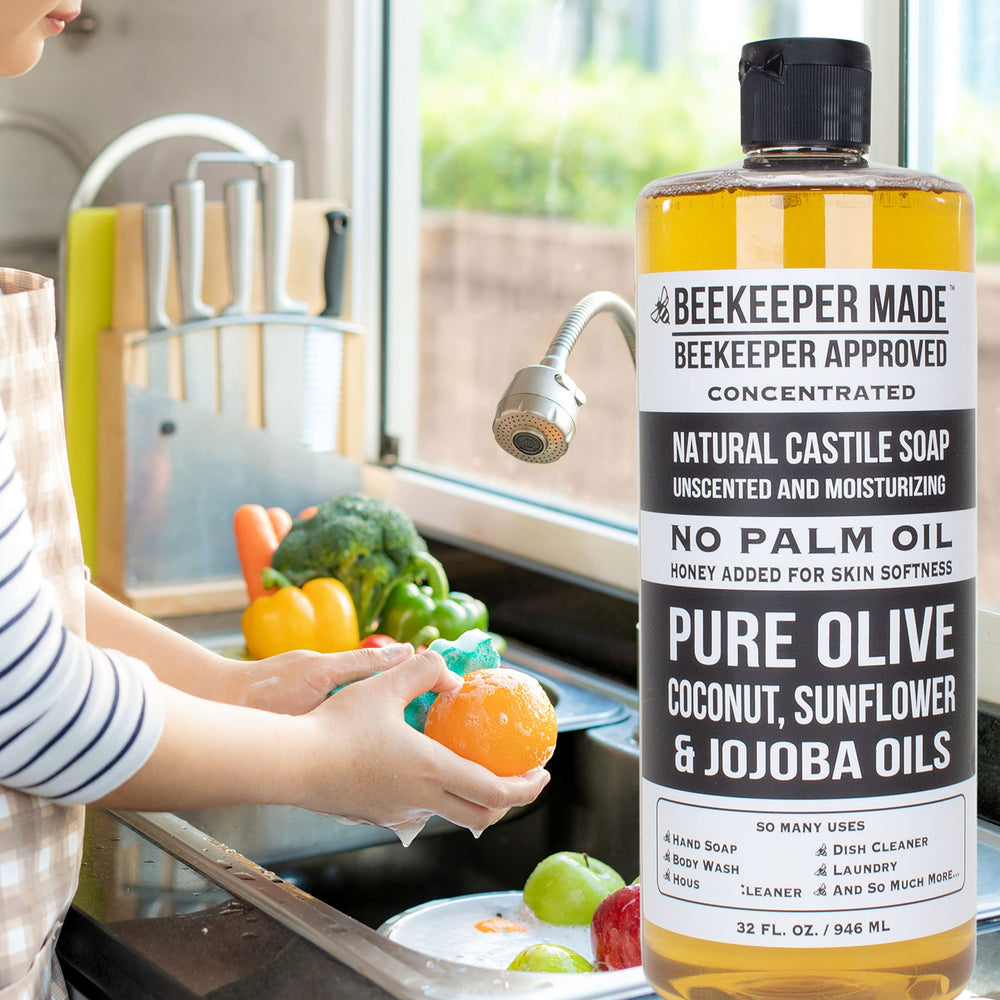 Beessential Beekeeper Castile Soap 32 oz bottle for family use.