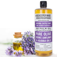 Beessential Beekeeper Castile Soap sunflower oil formulation shown in clean ingredients.