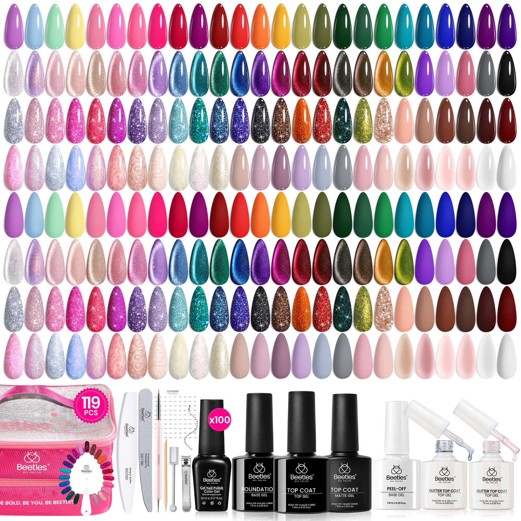 Beetles 100 Colors gel nail polish set palette shows vibrant seasonal shades for DIY manicures.